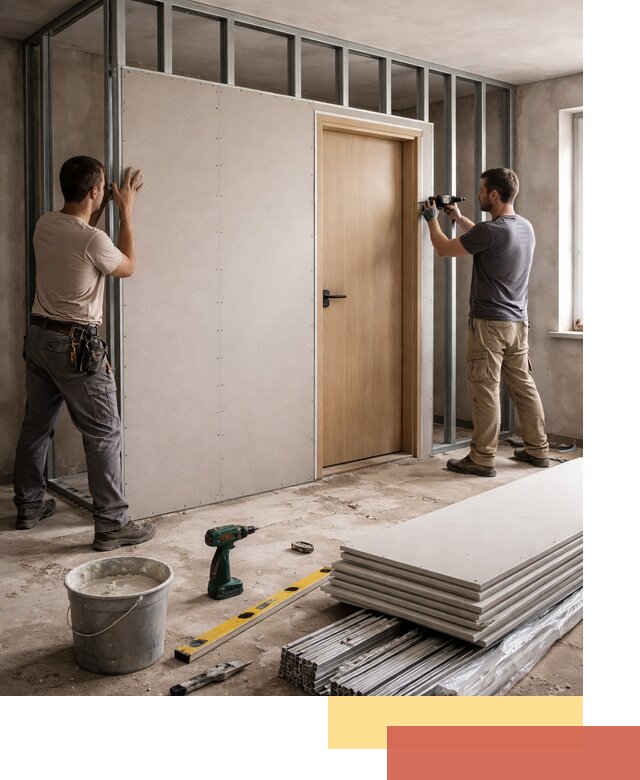 Перегородка из гипсокартона с дверью под ключ в Саранске