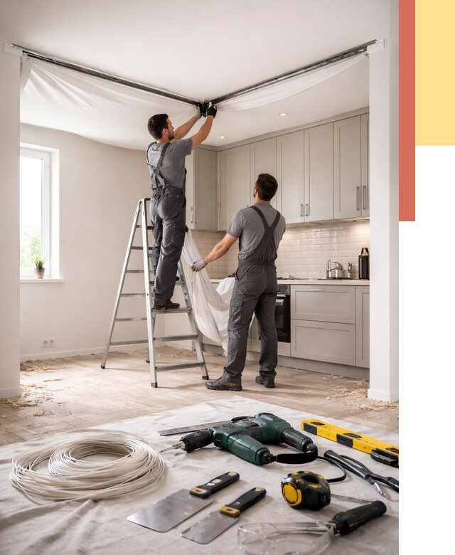 Установка натяжного потолка на кухне в Саранске от 2529 руб. | ОТДЕЛОЧНИК-Срн